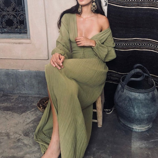 Women vintage button up spring summer dress White green pink slit boho maxi dress Lady long dresses 2021 hippie chic clothing