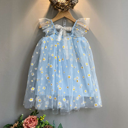 Vestido de margarita para niñas, vestido de verano new children's foreign style mesh skirt little girl super fairy princess dress