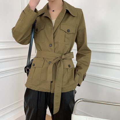 spring and summer new items] TK retro lantern sleeve military style dress short sleeve army green FROB22150J