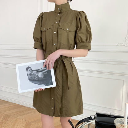 spring and summer new items] TK retro lantern sleeve military style dress short sleeve army green FROB22150J