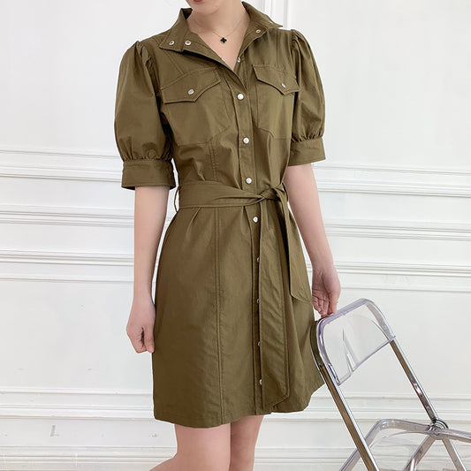 spring and summer new items] TK retro lantern sleeve military style dress short sleeve army green FROB22150J