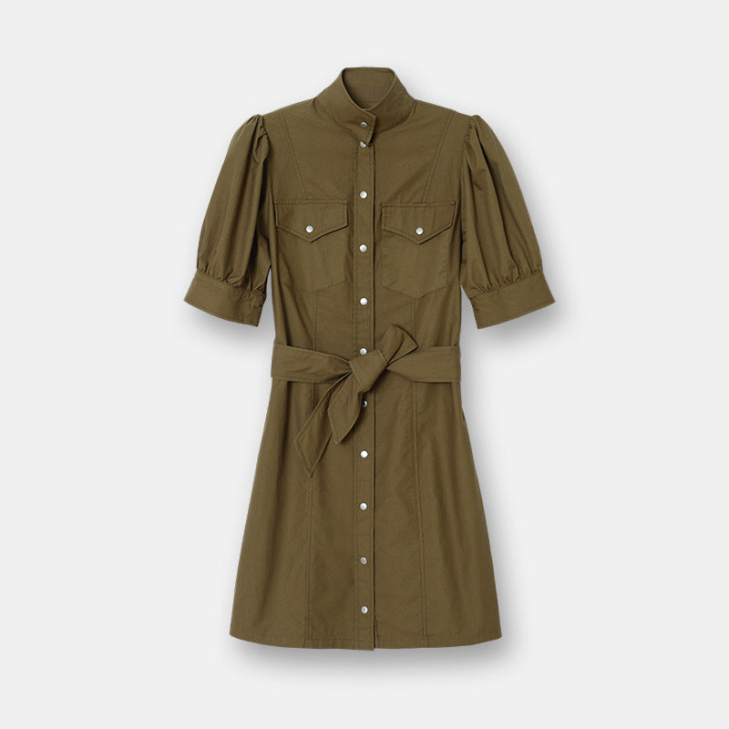spring and summer new items] TK retro lantern sleeve military style dress short sleeve army green FROB22150J